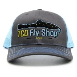 TCO Fly Shop Hat Trucker - Charcoal/Columbia Blue 7 TCO Fly Shop Hat Trucker - Charcoal/Columbia Blue -Simms || Patagonia || Hareline Sales TCO TRUCKER NEW GREY